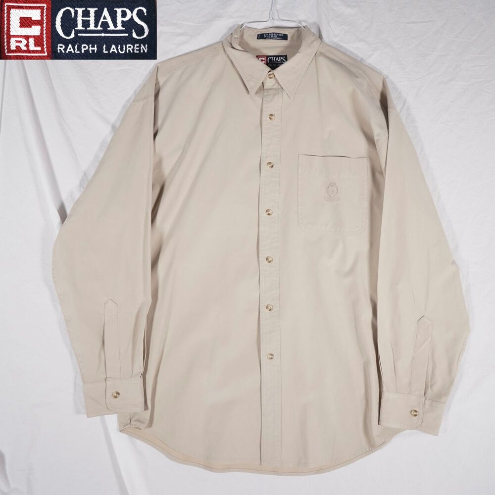 Vintage 80s 90s Chaps Ralph Lauren Button Up Shirt Tan Beige Large See Photos - Picture 1 of 9